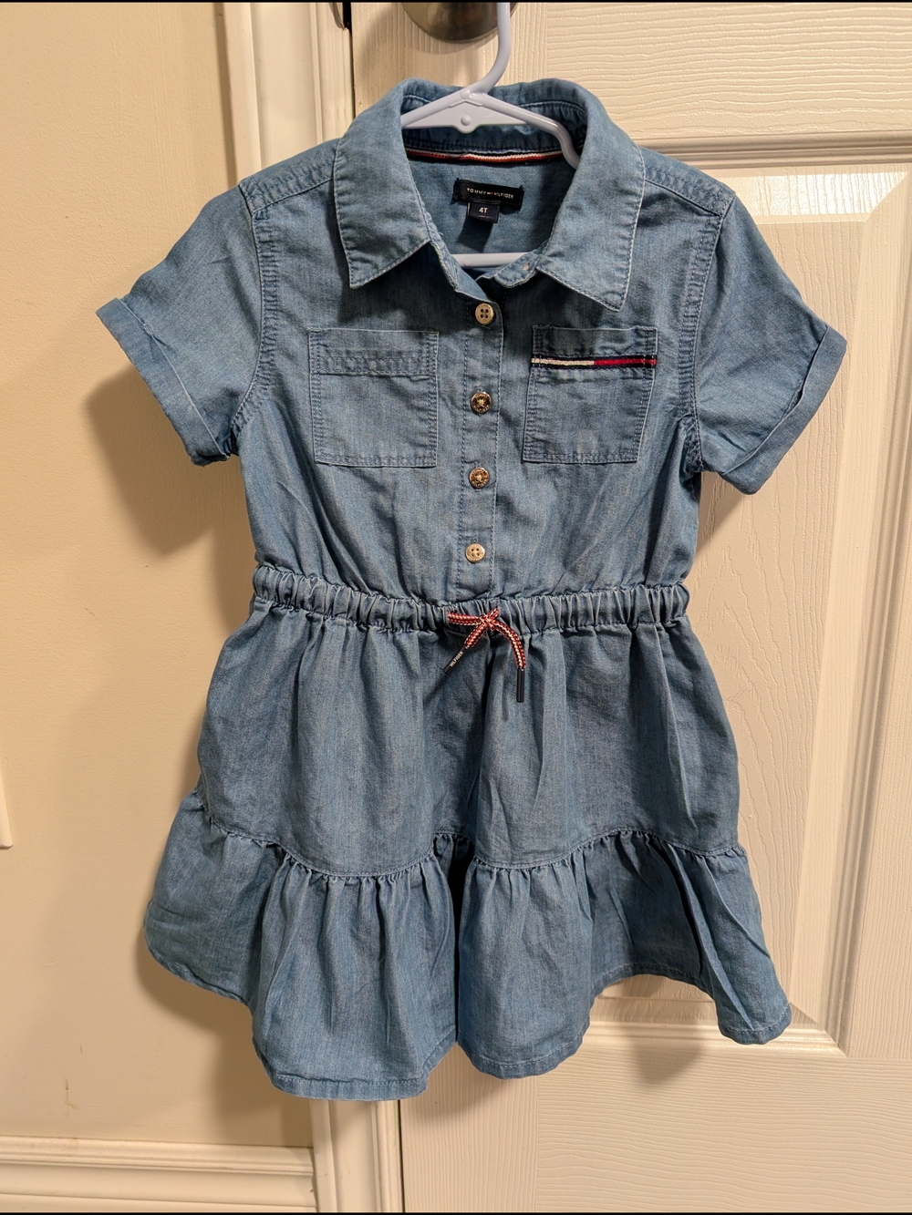 Tommy Hilfiger Light Blue Chambray Tiered Drawstring Dress